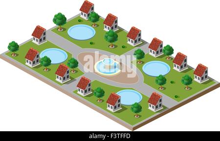Foto di parco verde con alberi, prati, una fontana e case. Vi è anche una piscina in ogni casa. Illustrazione Vettoriale