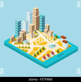 Isometrica del vettore dal centro città sulla mappa con un sacco di edifici, grattacieli, fabbriche e parchi. Foto nella piana di stile Illustrazione Vettoriale