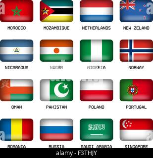 Set di vettore rettangolo pulsante cuscino forma Bandiere del mondo la maggior parte dei membri Illustrazione Vettoriale