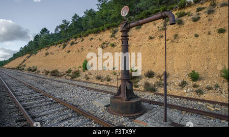 Abbandonato Vintage Railroad pompa acqua nel selvaggio Foto Stock