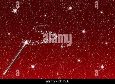 Notte invernale con la caduta di fiocchi di neve, bacchetta magica e flusso di argento di stelle Illustrazione Vettoriale