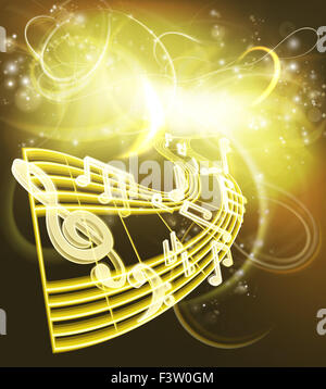 Una musica di sottofondo musicale con note musicali merita un neon come glow in colori oro Foto Stock