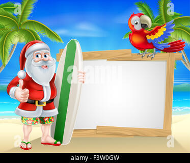 Cartoon di Santa Claus in possesso di una tavola da surf e dando un pollice in alto nella sua scheda di Hawaiian shorts e flip flop sandali davanti o Foto Stock