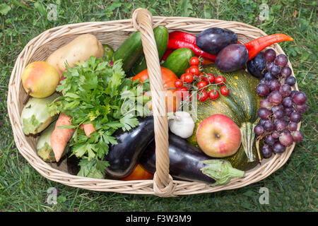 Woden cesto con frutta e verdura sull'erba Foto Stock