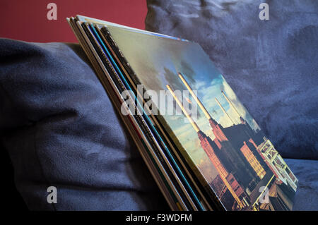 Pila di vecchi album in vinile su un divano con Pink Floyd manicotto di animali che mostra Foto Stock