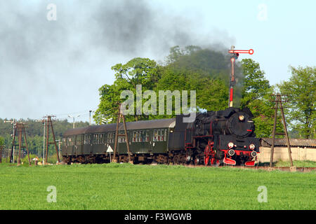 Vapore treno retrò passando il villaggio Foto Stock