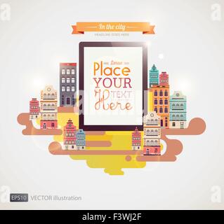 Tablet con retrò città sullo sfondo. Illustrazione Vettoriale