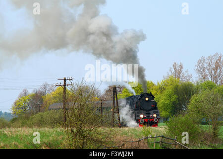 Vapore treno retrò passando il villaggio Foto Stock