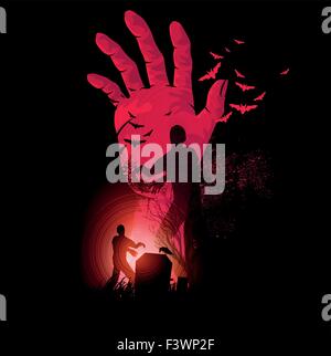 Notte di zombie. Una mano di zombie salendo con gli zombie a piedi. Halloween illustrazione vettoriale. Illustrazione Vettoriale