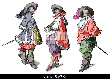 L'Europa. Il XVII secolo. Il francese nobili in abiti alla moda. Incisione del XIX secolo. Colorazione successiva. Foto Stock