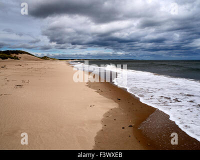 Le dune di sabbia e Marea sotto le nuvole scure a Druridge Bay vicino a camminare in riva al mare sulla costa di Northumberland Inghilterra Foto Stock