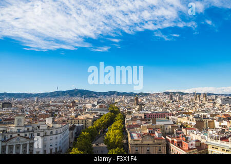 Vista aerea di Las Ramblas di Barcellona, in Catalogna, Spagna Foto Stock