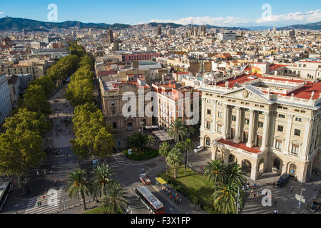 Vista aerea di Las Ramblas di Barcellona, in Catalogna, Spagna Foto Stock