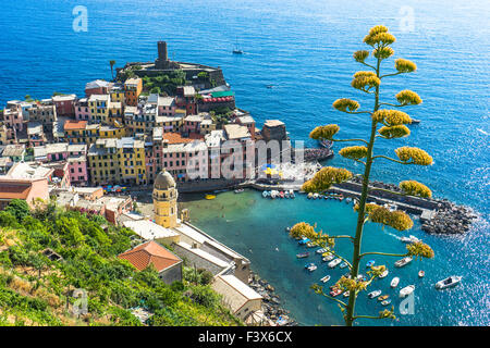 Vista aerea di Vernazza nelle Cinque Terre con albero in un giorno d'estate. L'Italia. Luglio, 2015. Foto Stock