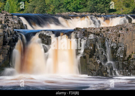 Bassa forza cascata sul Fiume Tees vicino al villaggio di Bowlees, Teesdale, County Durham, Inghilterra Foto Stock