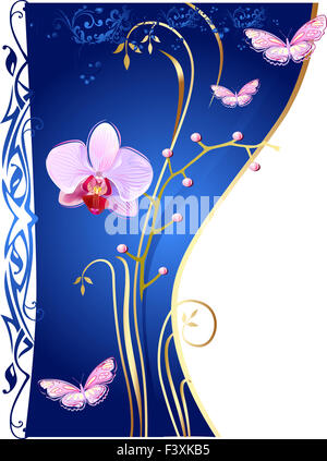 Orchidee e farfalle su sfondo blu Foto Stock