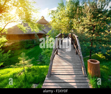 Ponte decorativo nei pressi di pini e di case di legno Foto Stock