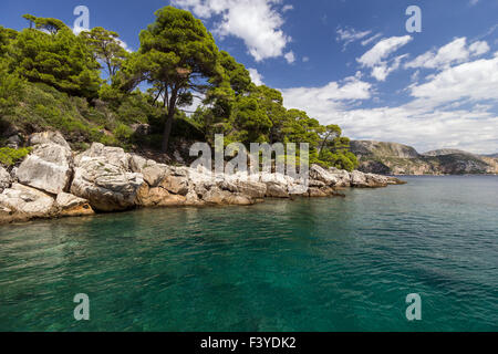 Il fondale basso e la costa rocciosa presso l'isola di Lokrum in Croazia. Foto Stock