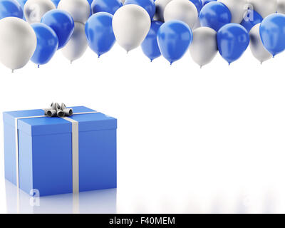 3d box regalo con blu e bianco baloons Foto Stock