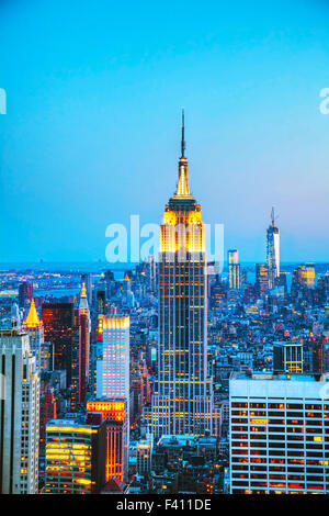 New York City cityscape di notte Foto Stock