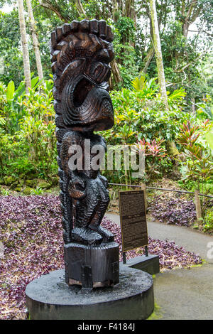 Tiki, Ku, Hawaiian Dio. Storico Pod di scimmia Albero scolpito a mano dal maestro intagliatore William "Rocky" Vargas, Hawai'i botanici tropicali Foto Stock