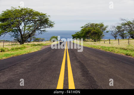 Motociclista a cavallo lungo la Costa di Kohala, Big Island delle Hawai'i, Hawai'i, STATI UNITI D'AMERICA Foto Stock