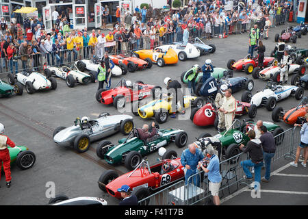 Formula Junior, vetture schierate sul Parc ferme, AvD Oldtimer Grand Prix 2015 circuito Nürburgring, Nürburg Foto Stock