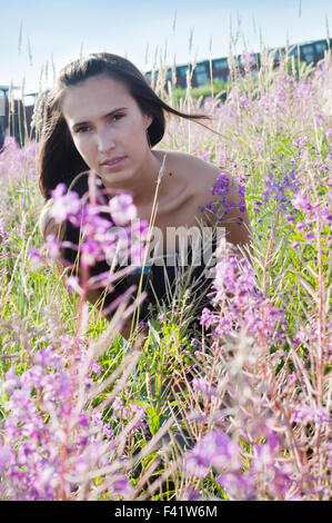 Bella bruna donna nel campo Foto Stock