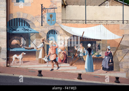 Pittura murale medievale di scena di strada Mercato & Bakery Carcès nel dipartimento del Var Provence Francia Foto Stock