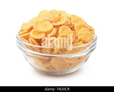 Ciotola di vetro di corn flakes isolato su bianco Foto Stock