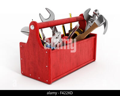 Cassetta degli attrezzi rossa piena di utensili a mano isolati su sfondo bianco Foto Stock
