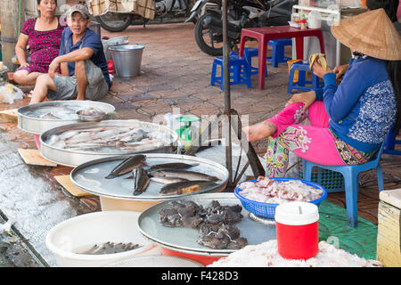 Pesce fresco dal vivo e le rane rospi per la vendita sul mercato in stallo Can Tho,Delta del Mekong, Vietnam Foto Stock