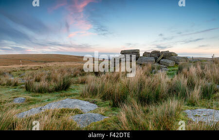 Weathered granito formazioni di roccia vicino a Okehampton Camp sul Parco Nazionale di Dartmoor in devon Foto Stock