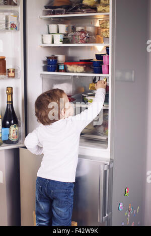 Little Boy per raggiungere qualcosa in frigorifero Foto Stock