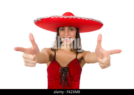 Donna che indossa sombrero rosso isolato su bianco Foto Stock