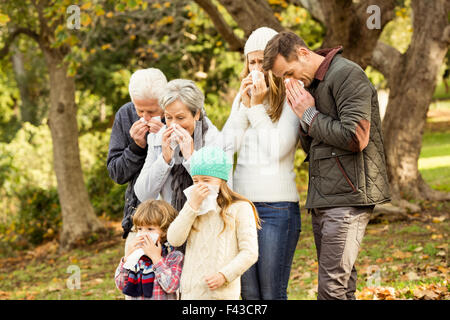 Famiglia di malati soffia il naso Foto Stock