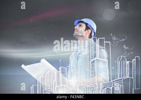 Immagine composita di architetto con blueprint Foto Stock