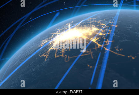 Un generico mondo pianeta illuminati con luci della città circondata da orbitante sentieri di luce al buio su un sfondo di spazio Foto Stock