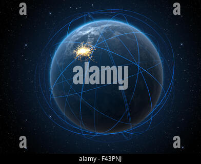 Un generico mondo pianeta illuminati con luci della città circondata da orbitante sentieri di luce al buio su un sfondo di spazio Foto Stock