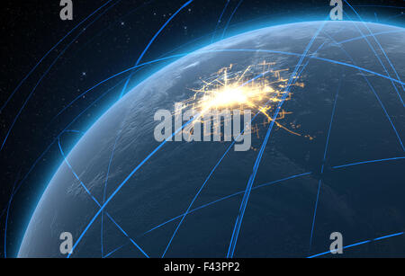 Un generico mondo pianeta illuminati con luci della città circondata da orbitante sentieri di luce al buio su un sfondo di spazio Foto Stock