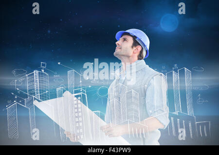 Immagine composita di architetto con blueprint Foto Stock