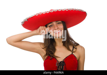 Donna che indossa sombrero rosso isolato su bianco Foto Stock