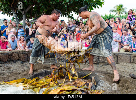 I turisti a Lau guarda i nativi di preparare un intero di maiale cucinato in una fossa riempita con hot rocks, Big Island delle Hawai'i; Hawai'i; USA Foto Stock