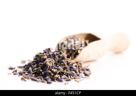 Erbe lavanda Bud Fiore Heap di tè superficie di pelo vista dall'alto isolato su sfondo bianco Foto Stock