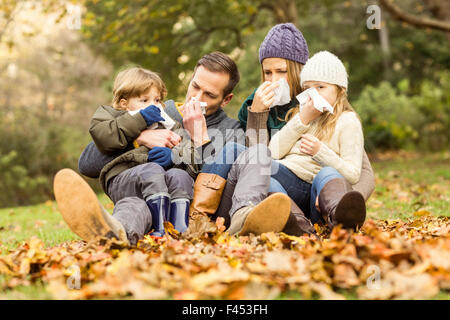 Famiglia giovane soffia il naso Foto Stock