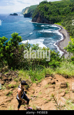 Escursionista sul sentiero al punto Akoakoa, Polulu Valley, Big Island delle Hawai'i, Hawai'i, STATI UNITI D'AMERICA Foto Stock