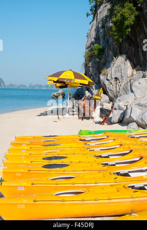 Canoe sulla spiaggia di Cang fare isola in Bai Tu lungo giorno Halong Bay, a nord-est Vietnam,l'Asia. Un patrimonio mondiale la posizione. Foto Stock