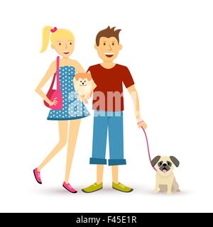 Gli amanti del cane gruppo familiare illustrazione nella piana di stile d'arte. Giovane coppia felice tenendo il pet e il cucciolo per una passeggiata. EPS10 vettore. Illustrazione Vettoriale