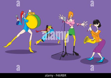 L'immagine stilizzata di un cartoon femmina gruppo musicale. Illustrazione Vettoriale Illustrazione Vettoriale