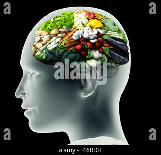 Immagine a raggi x della testa umana con le verdure per un cervello. Foto Stock